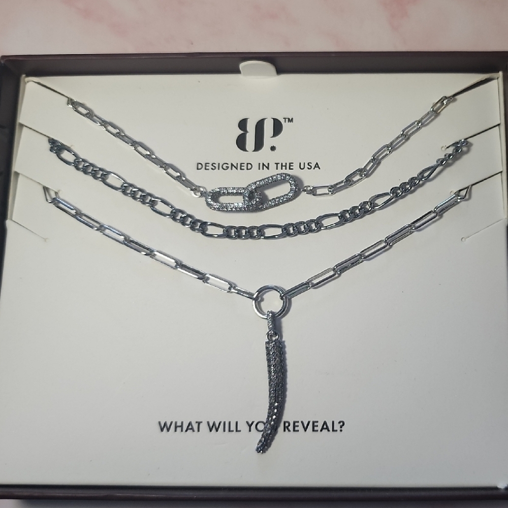 Layered Silver-Tone Multi-Chain Necklace with Pave Charm